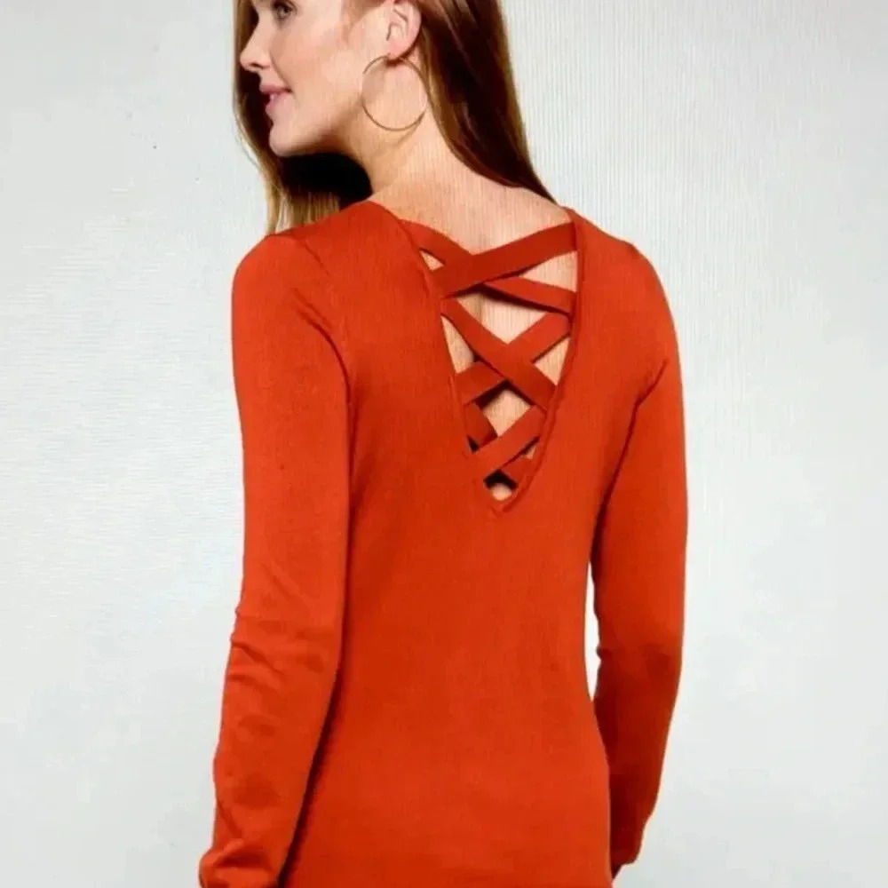 LOVE ELLIE Stitch Fix V Neck Light Sweater Crisscross Autumn Rust Womens Size XS